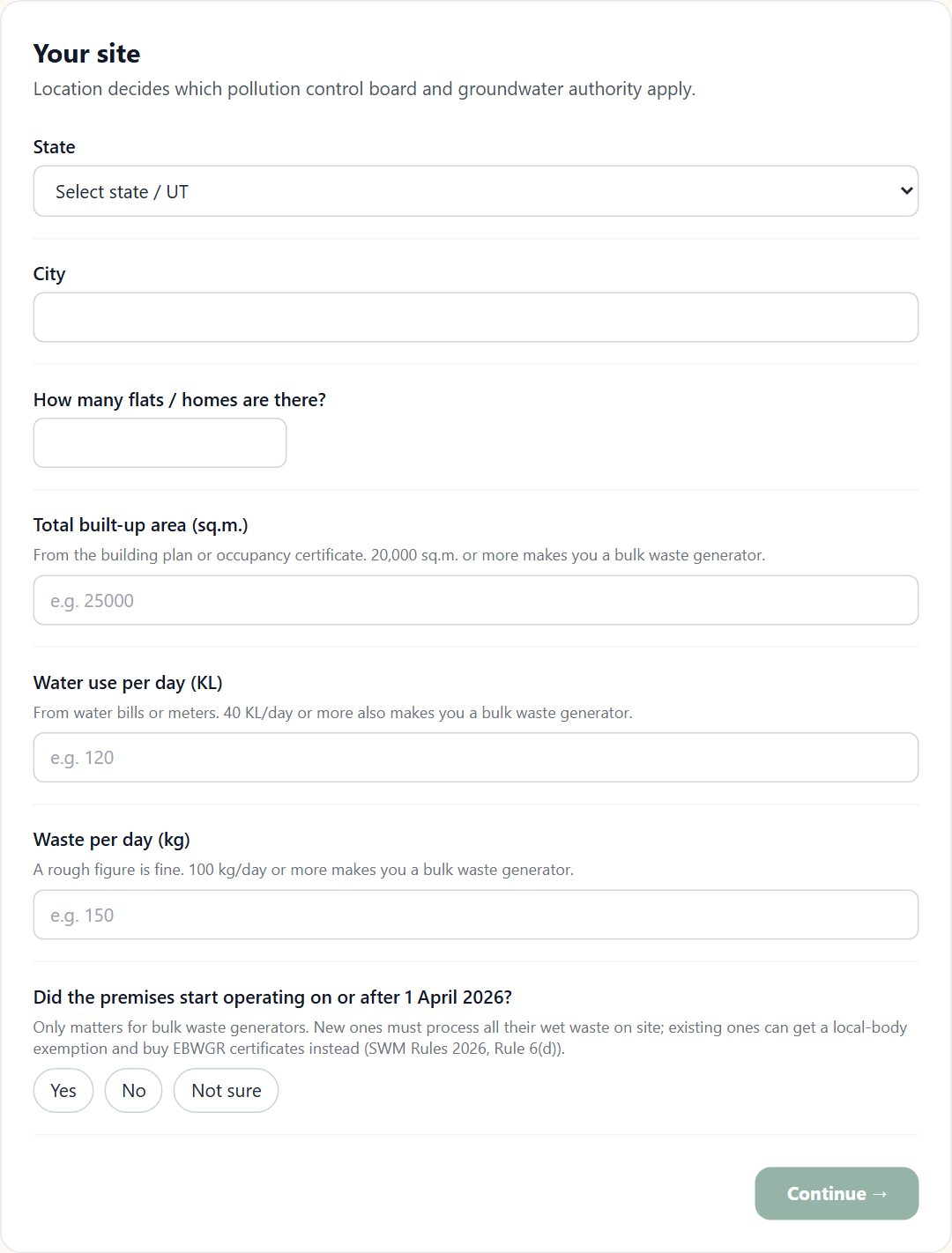 Screen 1 of the free compliance check, "Your site", before any answers are entered