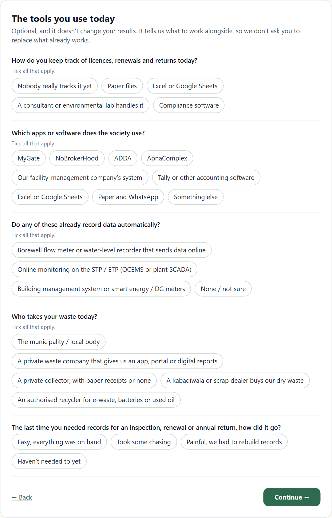Screen 5, "How you work today", optional questions about tools and who takes your waste