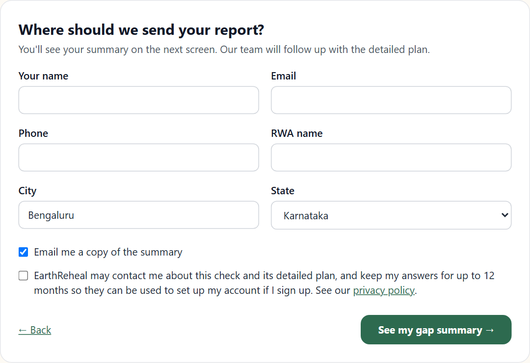 The contact screen, "Where should we send your report?", empty