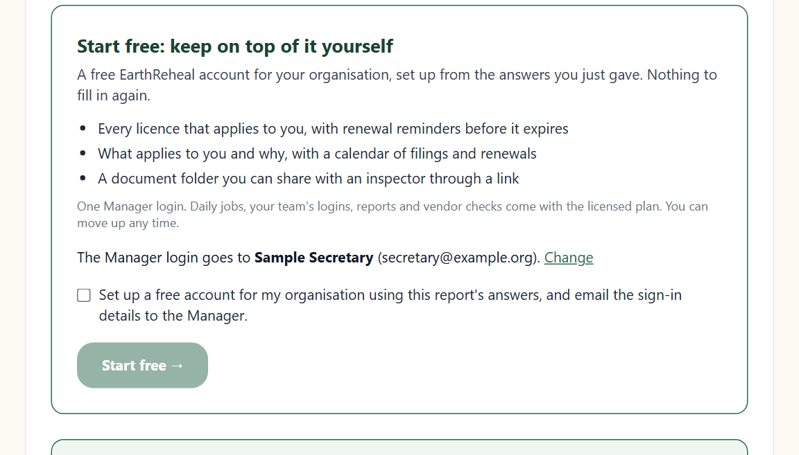 The "Start free" panel on the report: what the free plan includes, who gets the Manager login, and the confirm box