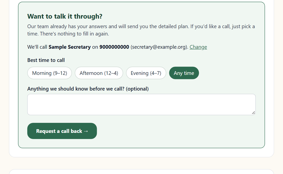 The "Want to talk it through?" panel with the call-back form